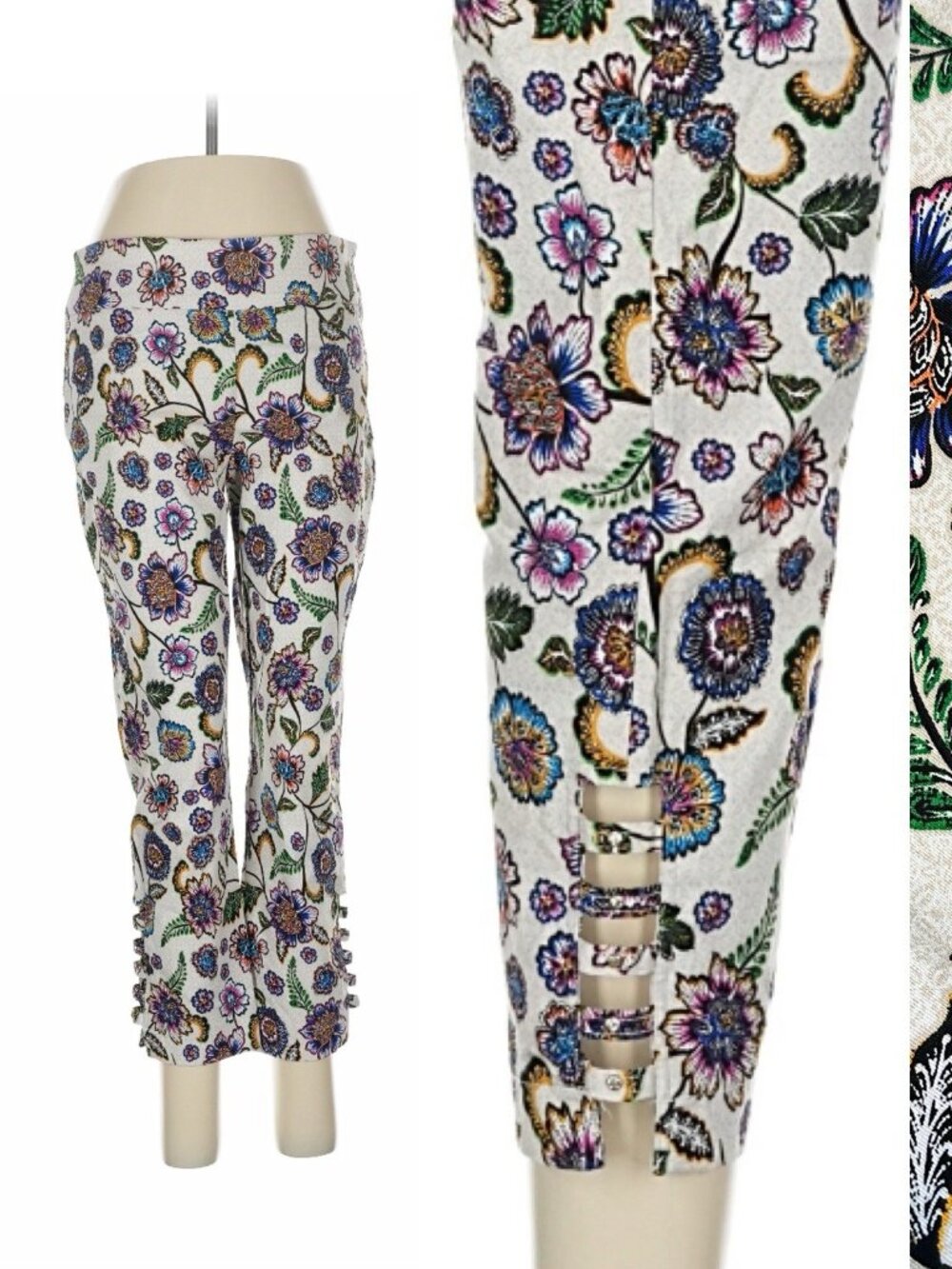 Attyre Woman 8X23”L Stretch PullOn Capri Pants Caroline Rhinestone Cutout Floral